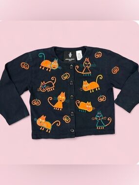 VTG Michael Simon Girls Black Cat Pumpkin Applique Cotton Halloween Cardigan 4/5
